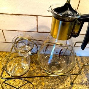 Vintage 1960 Glass Coffee warmer set with carafe, cream and sugar bowls.